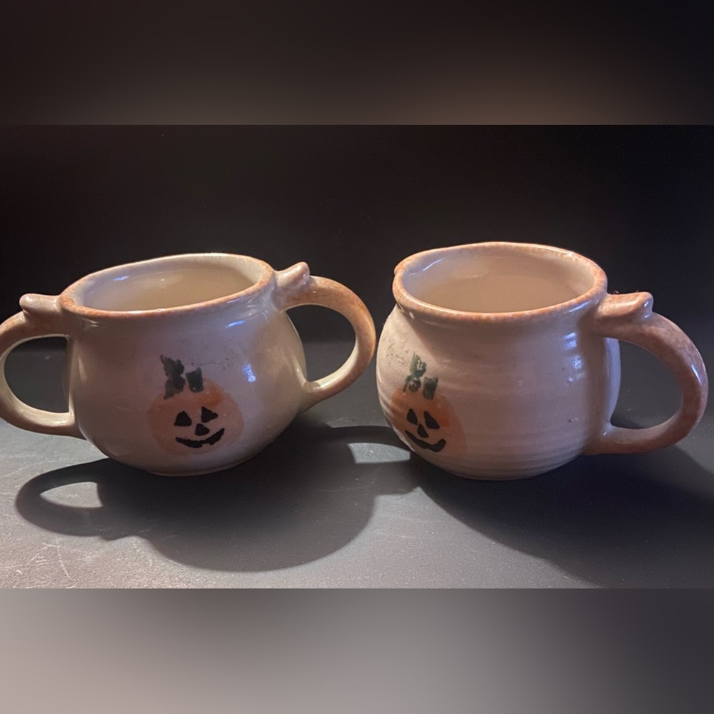 VTG 1996 PUMPKIN SUGAR BOWL & CREAMER Spongeware Pottery LOOMCO